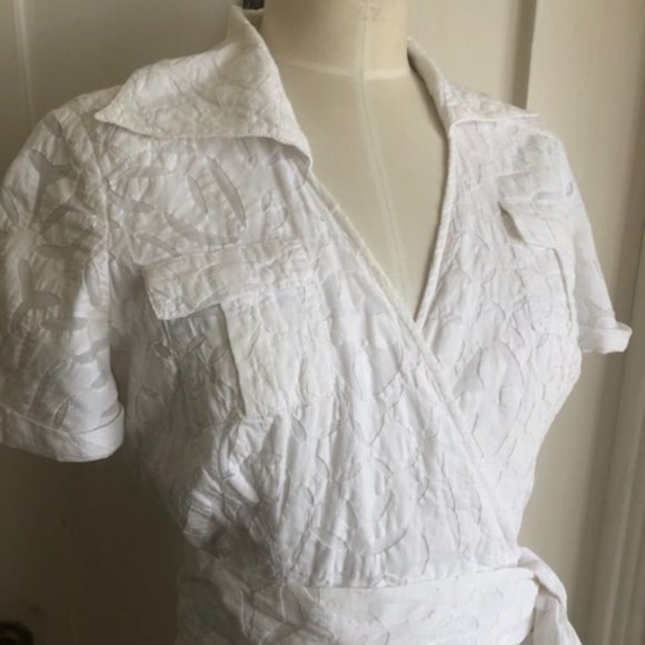 DVF WHITE COTTON APPLIQUE FAUX WRAP "TAFT" DRESS - Picture 2 of 9